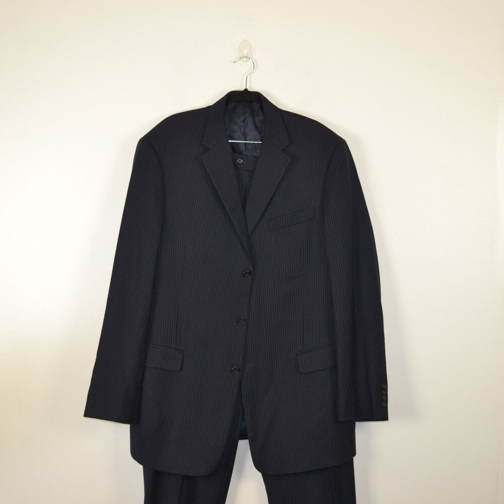 Joseph & Feiss Men 46L Wool 2 Piece Pinstrip Suit Button Closure Pockets Black